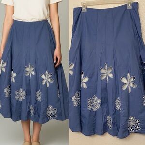 Sunny leigh laser cut embroidered a line skirt midi slate blue 100% cotton 8
